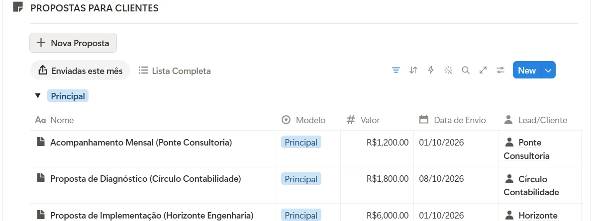 Lista de propostas para clientes no CRM do Claire