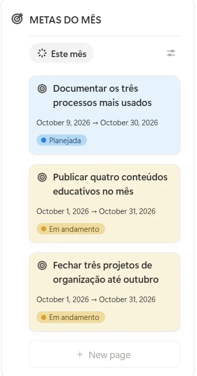 Metas do mês na página inicial do Claire